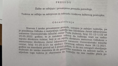 Kantonalni sud Tuzla potvrdio prvostepenu presudu: UKC Tuzla mora vratiti dr. Alena Kamerića na poziciju direktora