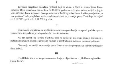 Proglašena četverodnevna žalost u Tuzli povodom tragedije u JU Dom penzionera