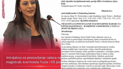Predsjedavajuća GV Tuzla Ana Pejić zatražila od MUP-a TK hitno postavljanje stacionarnog radara na Južnoj magistrali