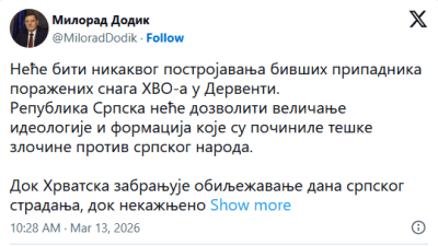Dodik: Nijedno veličanje HVO-a neće biti tolerisano; Čović: Hrvatski branitelji mogu obilježavati događaje “na svakom pedlju BiH”