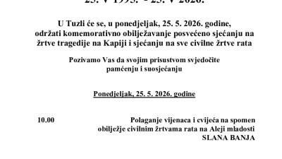 Obavještenje o komemorativnom obilježavanju 25. maja – Dana sjećanja na žrtve zločina na Kapiji i sve civilne žrtve rata