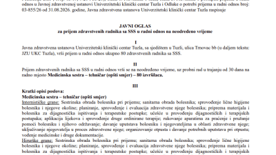 Pred izbore osim asfalta idu i zapošljavanja?! UKC Tuzla vrši prijem u radni odnos ukupno 80 medicinskih sestara